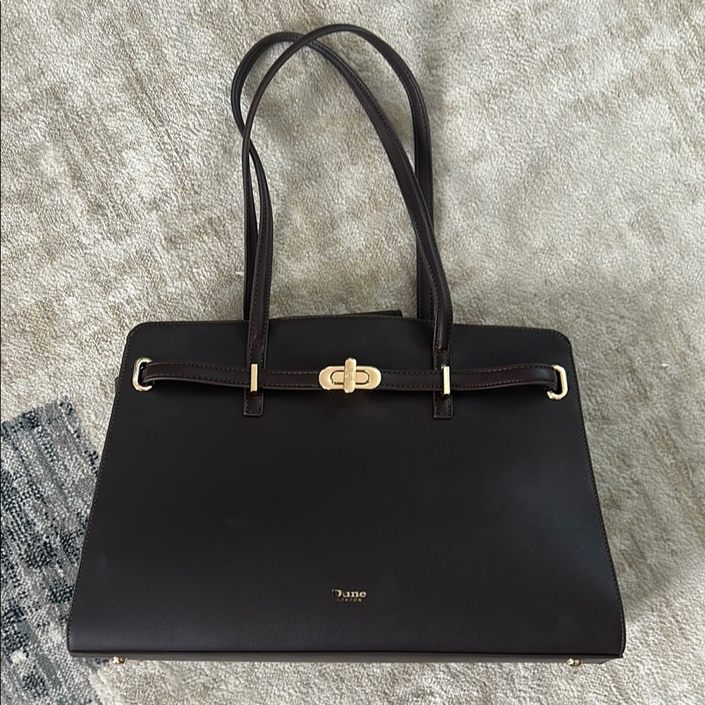 Dune London Dark Brown Leather Tote Bag with Gold Hardware